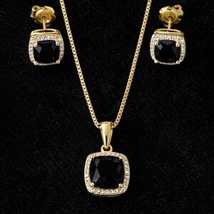 925 Sterling Silver Gold Plated Black Onyx Halo Jewelry - Necklace/Earrings
